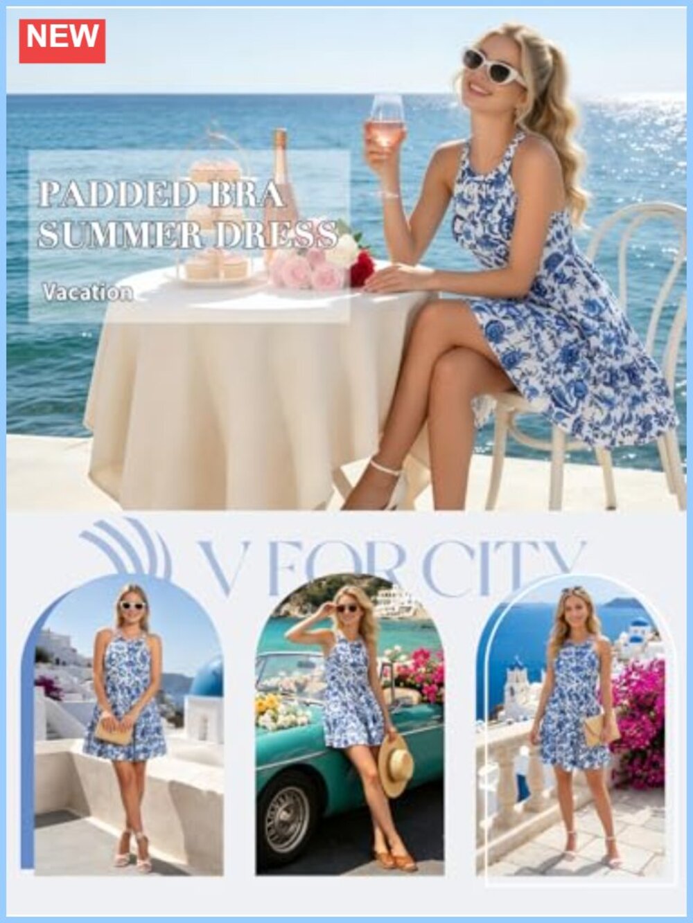 Built-in Bra Halter Sundress with Pockets Summer A-Line Dress - Picture 4 of 6